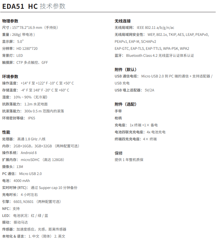 霍尼韋爾EDA51 HC詳細(xì)參數(shù)